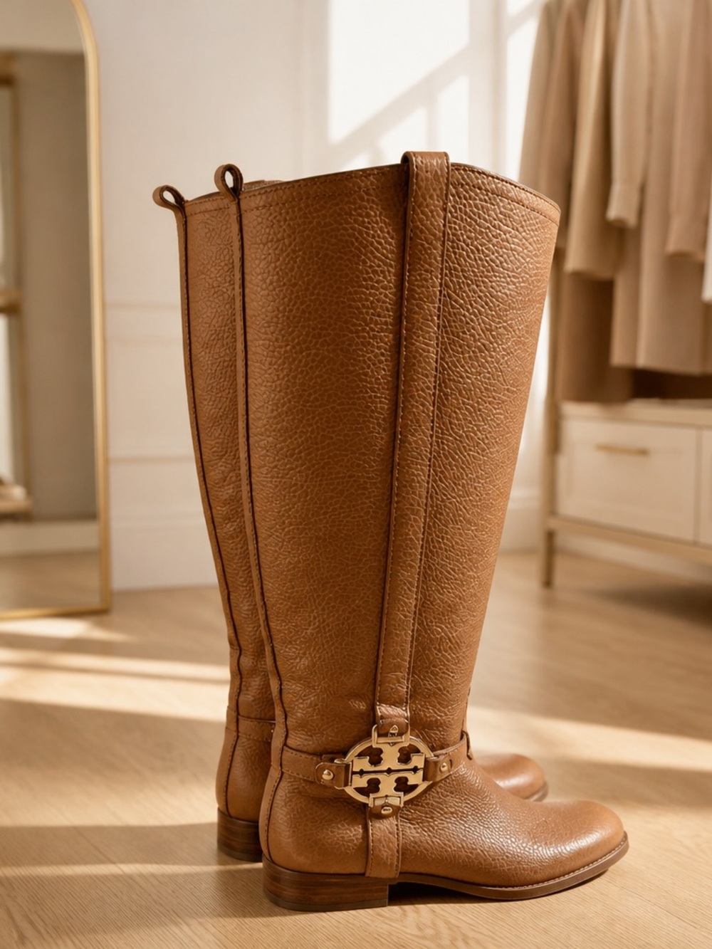 Tory Burch Chestnut Brown Over-the-Knee Leather Boots with Gold Logo